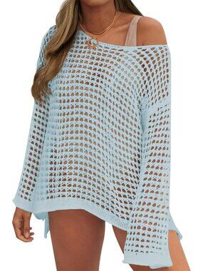 Women's Light Blue Crochet Mesh Hollow Out Bikini Cover Ups for Swimwear Summer